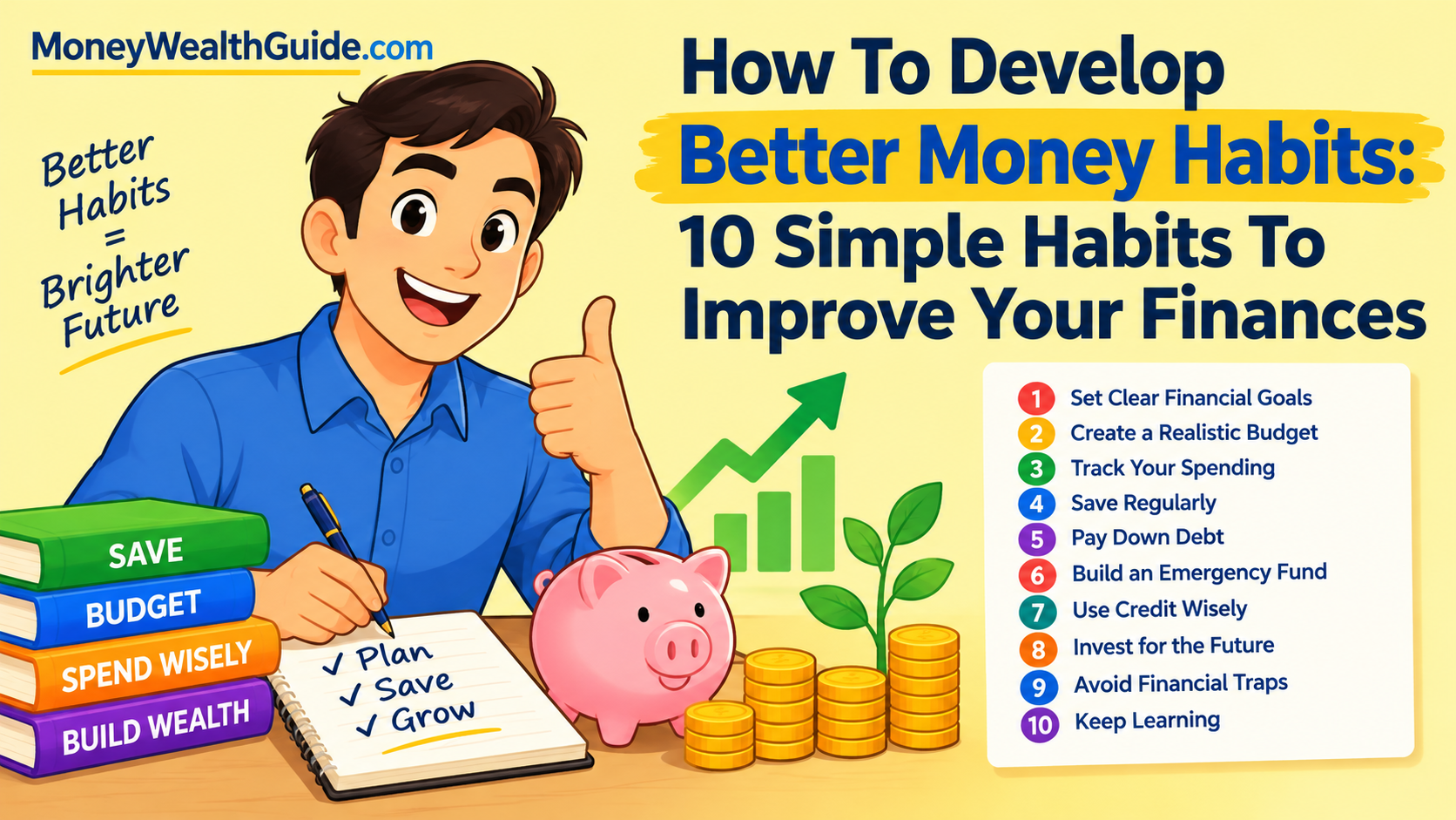 Better money habits illustration showing budgeting, saving money, a piggy bank, growing coins, and ten simple habits to improve your finances.